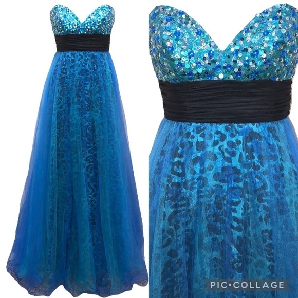 Jovani Leopard Sequin Leopard Strapless Gown Formal Dress Size 0 Y2K Blue Green - Picture 1 of 8